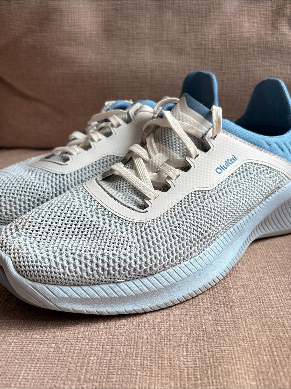 OluKai Women's Knit Athletic Sneakers in Light Blue and Cream